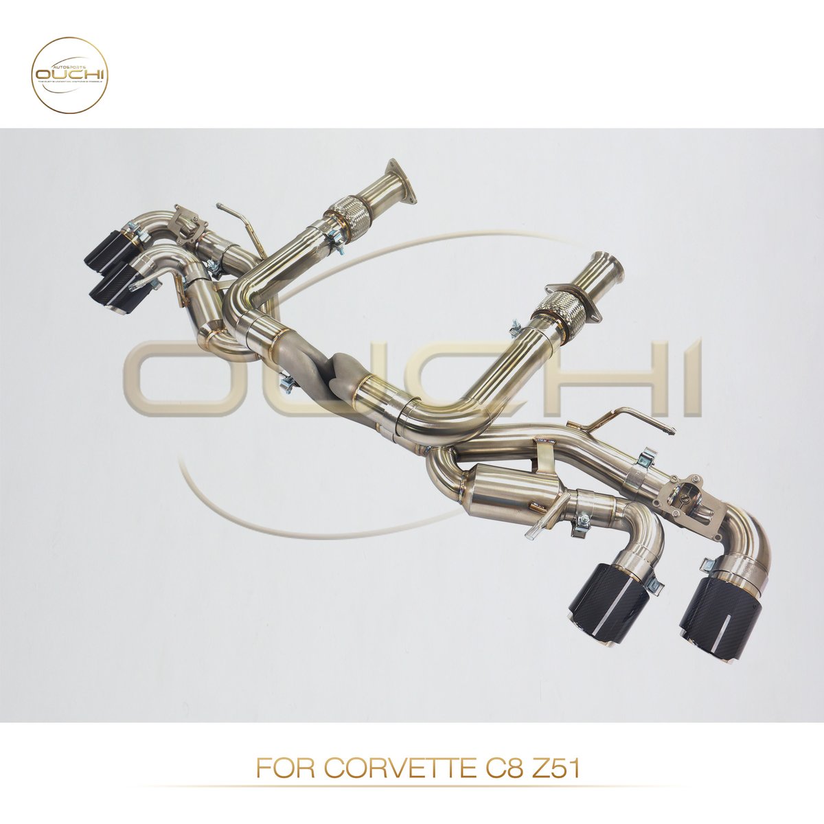 Corvette C8 Z51 stainless exhaust system with quad carbon tips, angled view