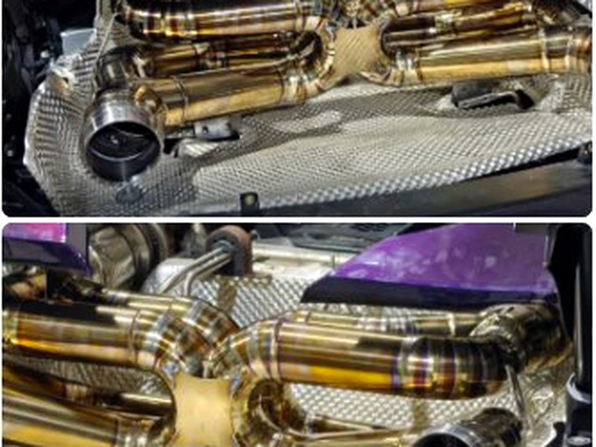 McLaren 720S OUCHI titanium dual X-pipe center detail — customer installation