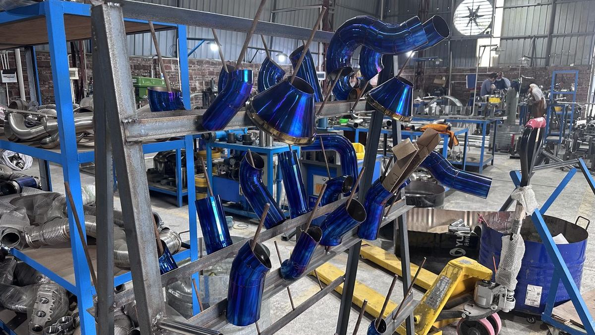 Heat-tinted titanium exhaust components on the drying rack